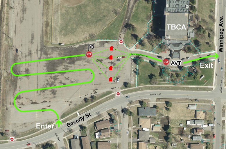 Overhead photo showing layout of drive-thru voting location at Thunder Bay Community Auditorium